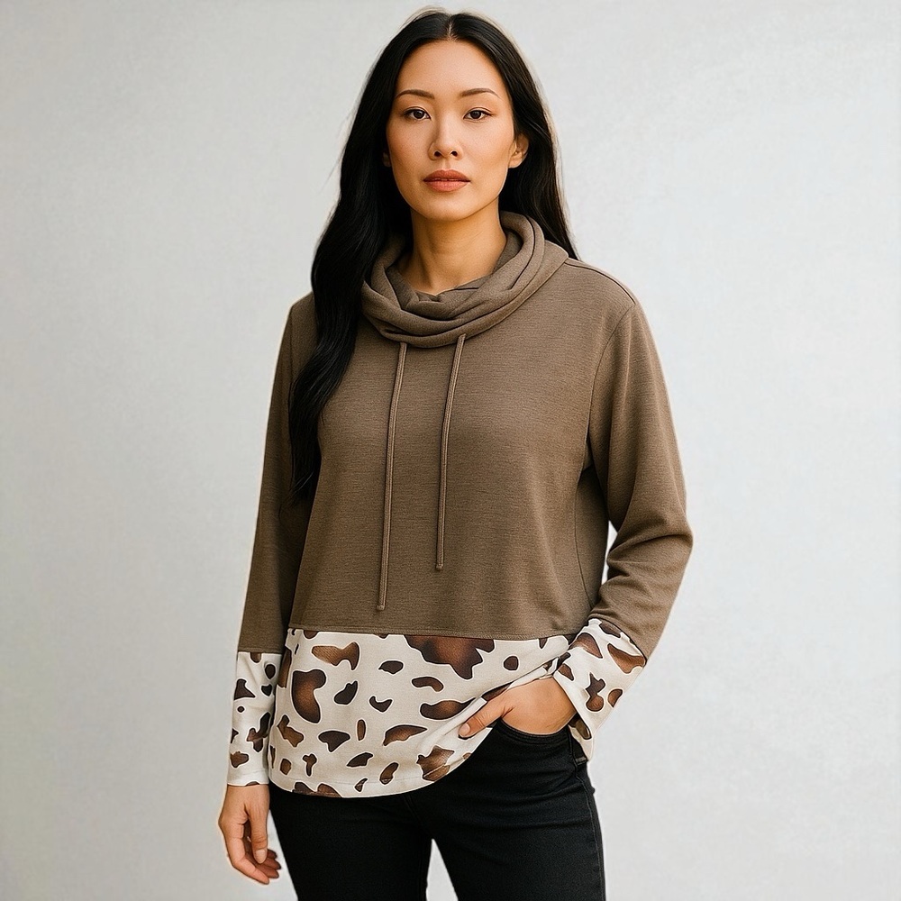 Misslook Brown w/ Animal Print Long‎ Sleeve Drawstring Turtleneck Blouse Size L